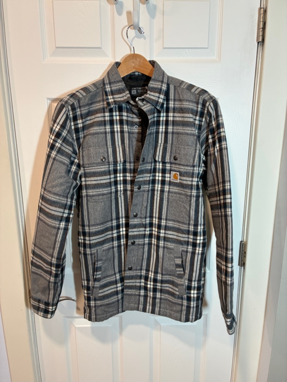 Carhartt Gray, Black Teal & White Plaid Sherpa Lined Shirt Jacket
